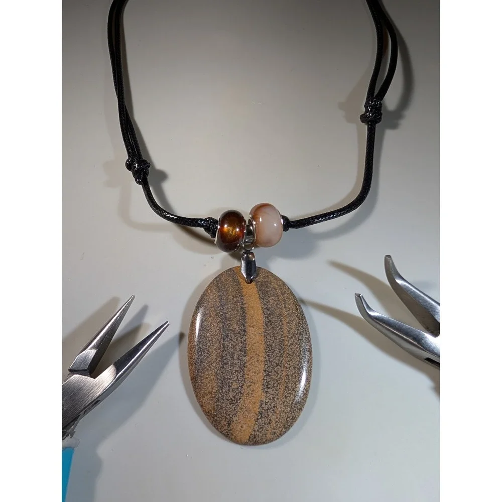 Natural Picture Jasper Oval Pendant Adjustable Black Cord Necklace Earthy Boho